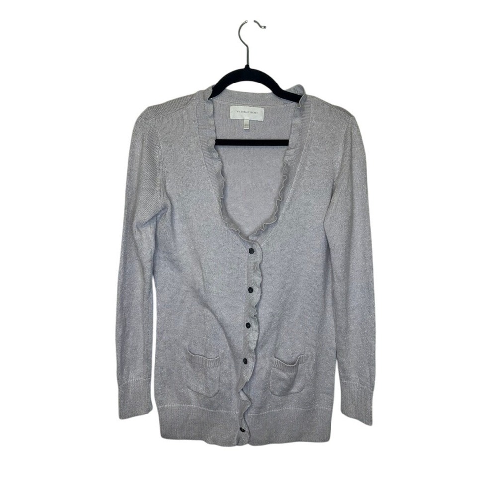 Victoria's Secret Light Grey Sparkle Ruffle Button Front Cardigan Sweater M